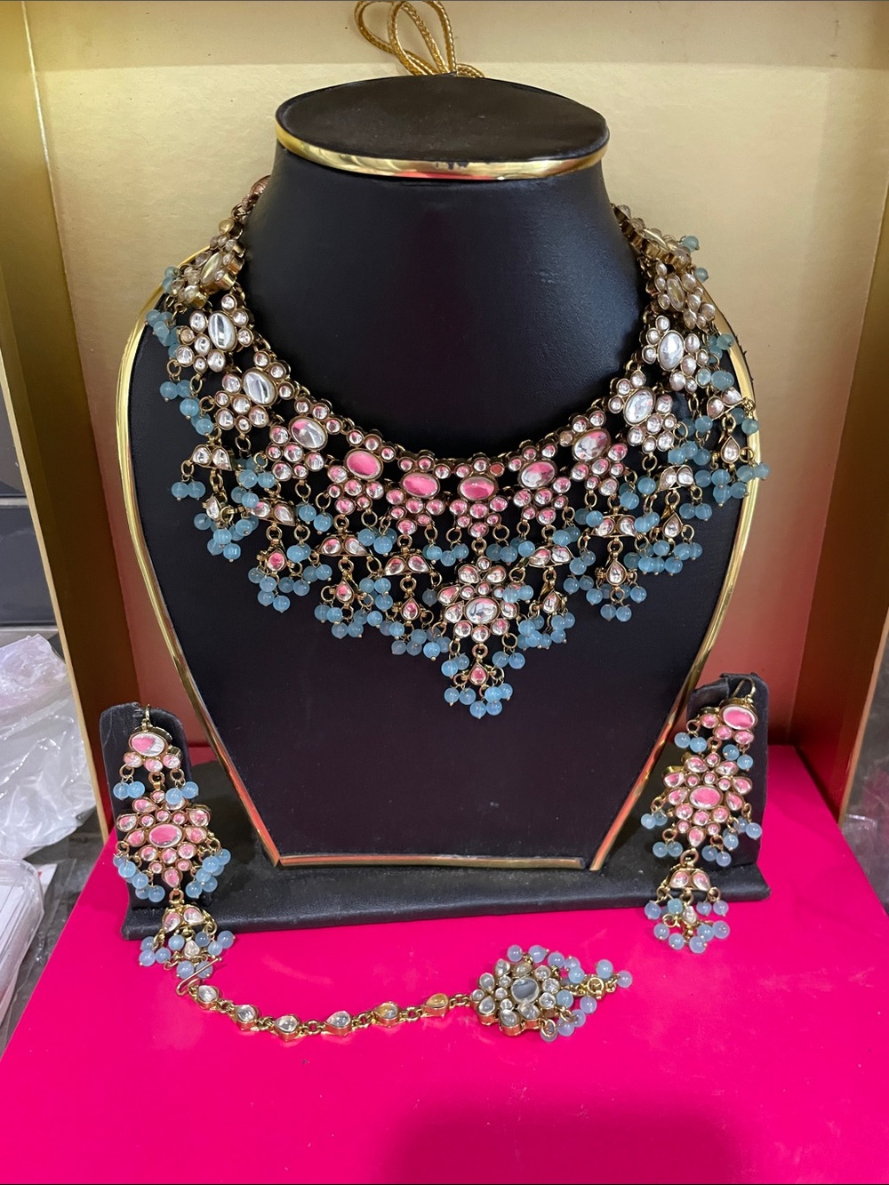 Gold-Tone Kundan Choker Necklace Set with Pink and Blue Accents